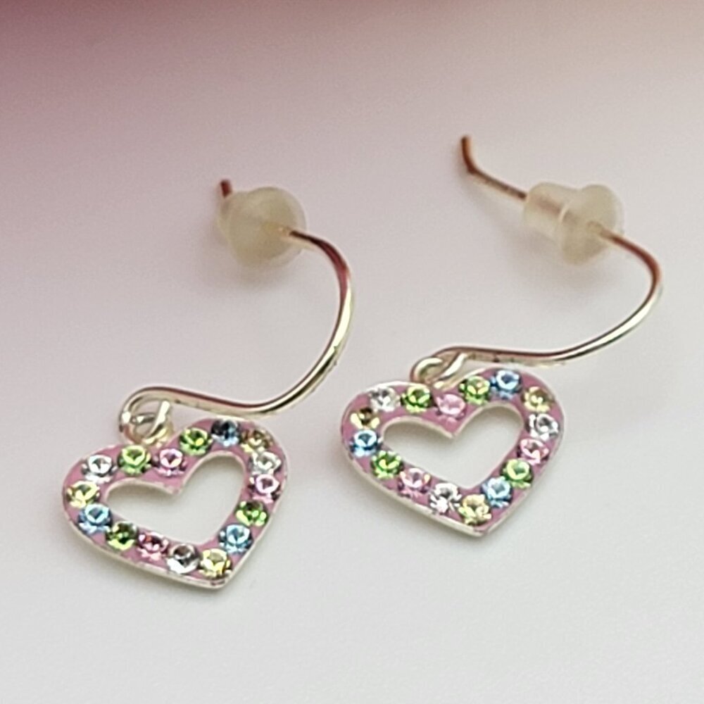 JCM Sterling Silver Multicolor CZ Heart Dangle Earrings French Wire 0.5 Inch